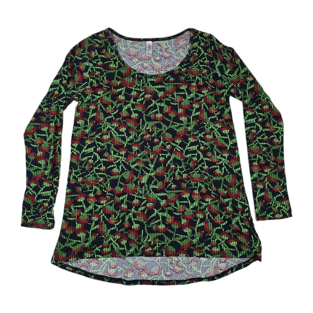 LuLaroe Irma Tunic Green Red Roses Geometric Pattern Women's Size Medium Shirt‎
